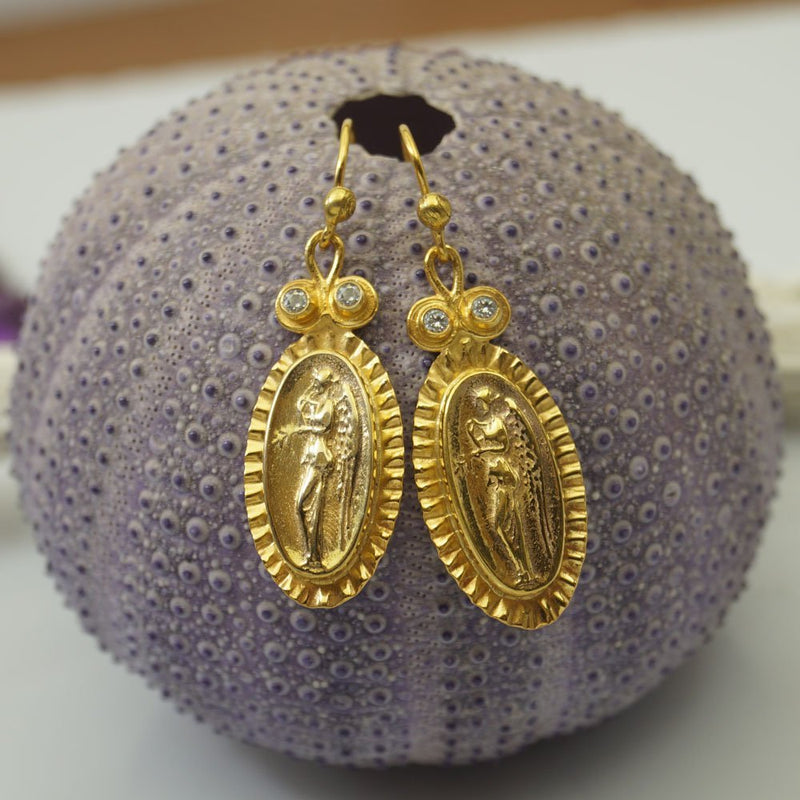 Omer Roman Art Silver 925 Angel Coin Earrings 24 k Yellow Gold Handmade Jewelry