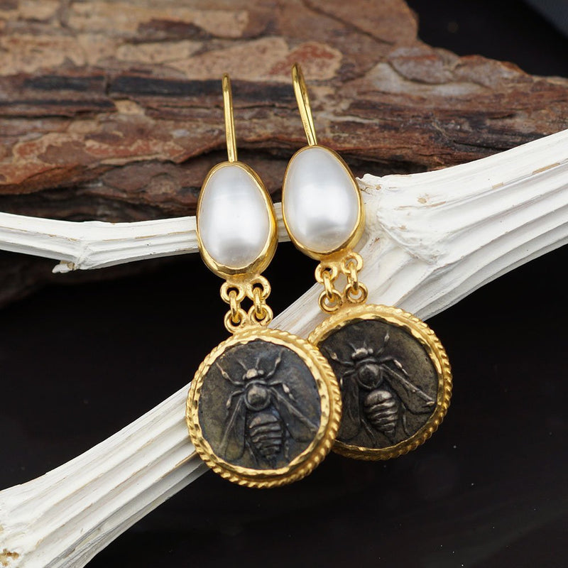 Bee Coin & Pearl Earrings 925 Sterling Silver Roman Art Turkish Jewelry By Omer