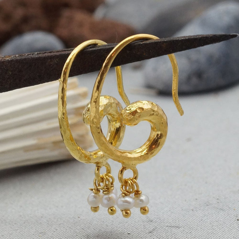 Omer 925k Sterling Silver Hammered Hoop Earrings W/ Pearl Charm 24k Gold Vermeil