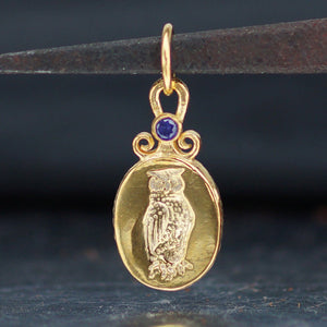 925 Sterling Silver Blue Iolite Owl Coin Pendant Turkish Handmade Fine Jewelry