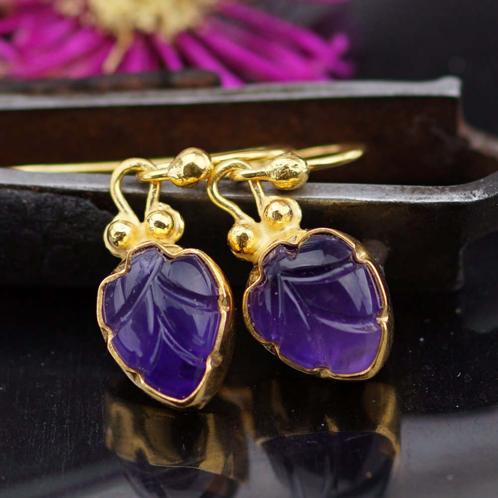 Turkish Amethyst Earrings Handmade Designer Jewelry By Omer 925 Sterling Silver 24 k Yellow Gold Plated