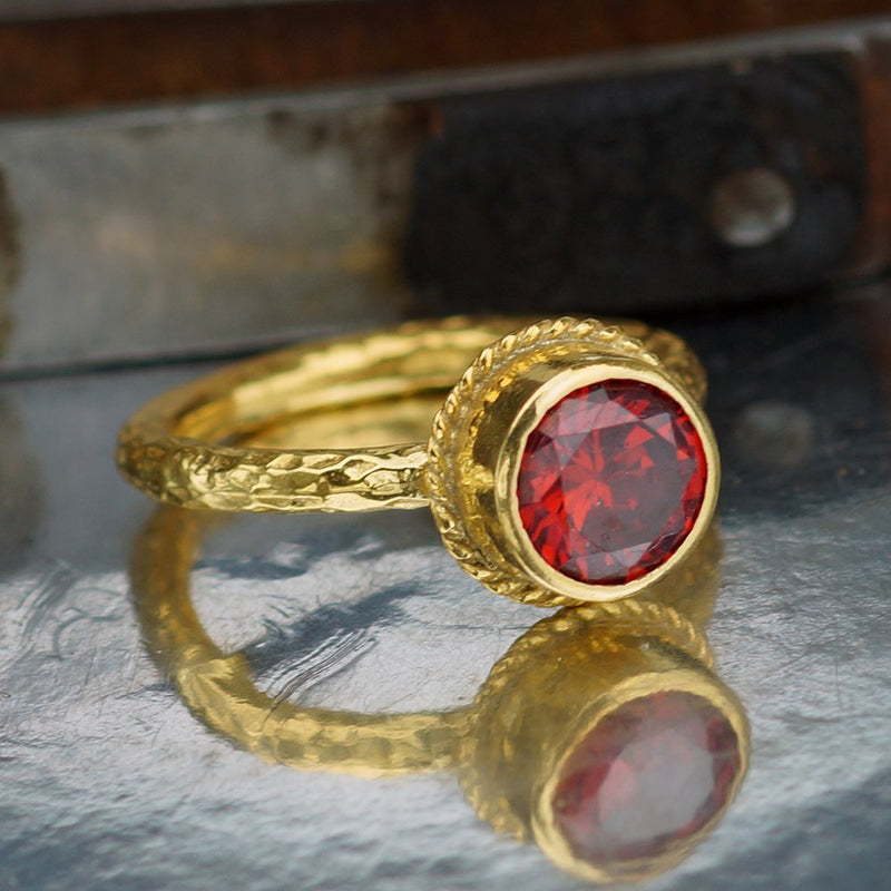 Turkish Red Topaz Ring Handmade Designer Jewelry By Omer 925 Sterling Silver 24 k Yellow Gold Plated