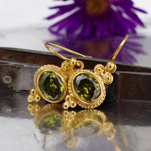 Turkish Peridot Earrings Handmade Designer Jewelry By Omer 925 Sterling Silver 24 k Yellow Gold Plated