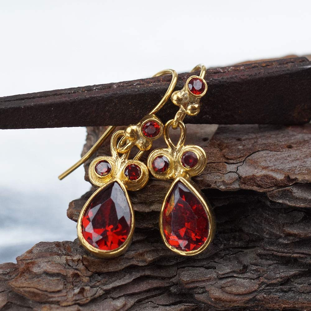 Turkish Garnet Earrings Handmade Designer Jewelry By Omer 925 Sterling Silver 24 k Yellow Gold Plated