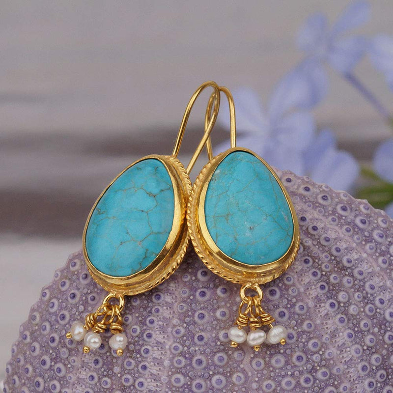 Omer 925 Sterling Silver Pear Turquoise Earrings W/Pearl Charms Turkish Jewelry