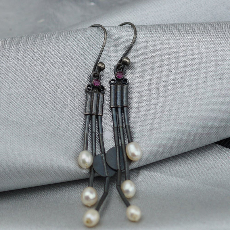 Silver 925 k Blackened Handmade Anatolian Troy Bead Pearl Ruby Artisan Earrings