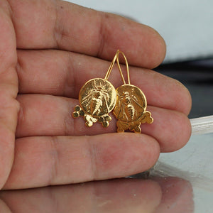 925 Sterling Silver Bee Coin Granulated Earrings 24k Gold Vermeil Handcrafted Turkish Fine Jewelry Women Earrings Roman Art Design