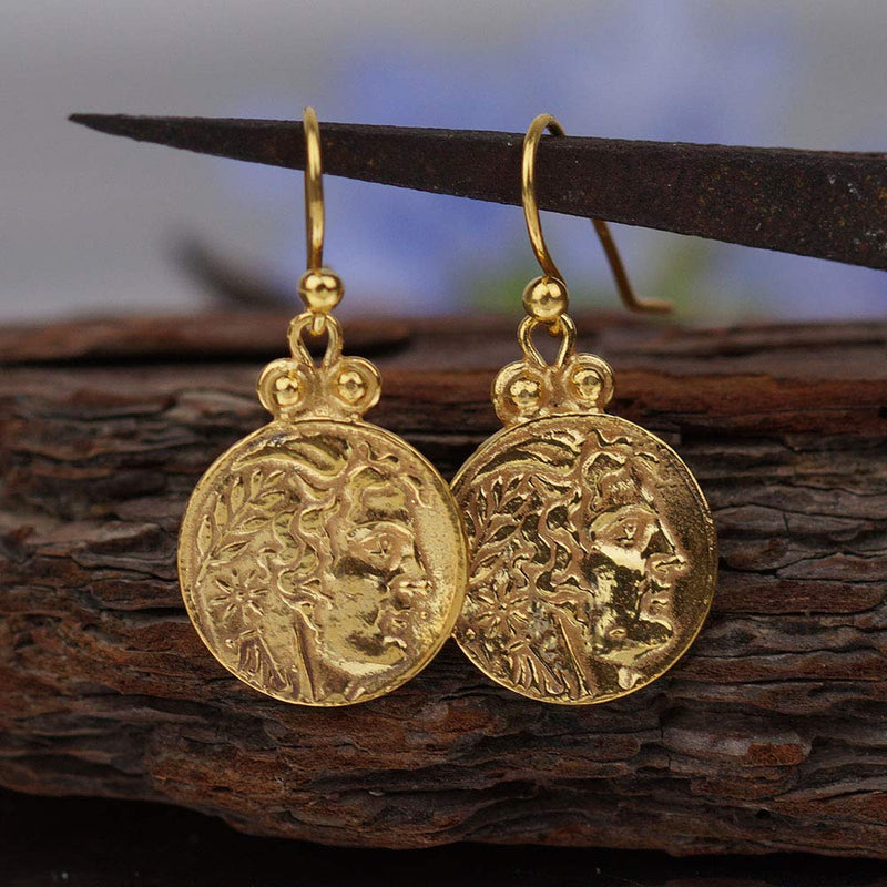 Omer 925 k Sterling Silver Alexander Coin Handmade Hook Earrings Ancient Jewelry