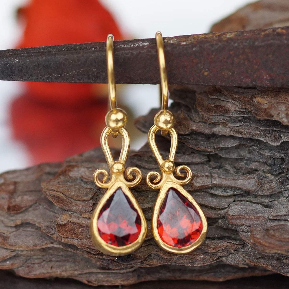 Turkish Garnet Earrings Handmade Designer Jewelry By Omer 925 Sterling Silver 24 k Yellow Gold Plated