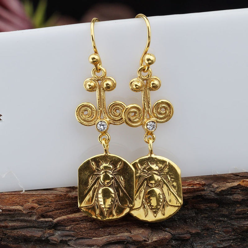 AtlantisFineJewels Turkish 925 Sterling Silver Bee Coin Women Gold Earrings