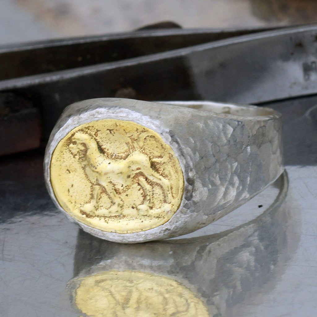 AtlantisFineJewels Lion Coin Men's Ring Hammered Handmade 925 k Sterling Silver