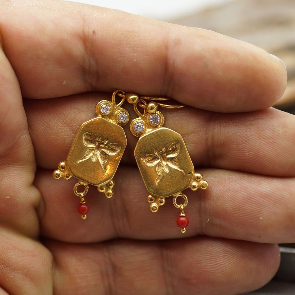 925k Sterling Silver Handmade Butterfly Coin W/ Coral Charm & White Topaz Earrings Roman Art Turkish Designer Jewelry By Omer 24k Gold Vermeil