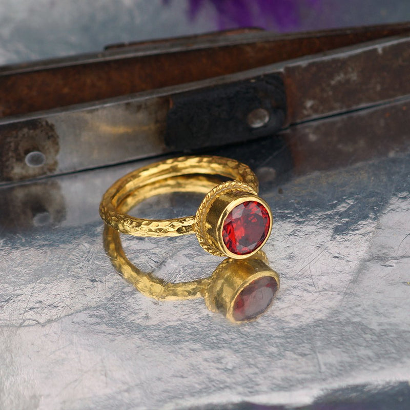 Roman Art Handmade Red Topaz Stack Ring 24k Yellow Gold Over 925 Silver By Omer