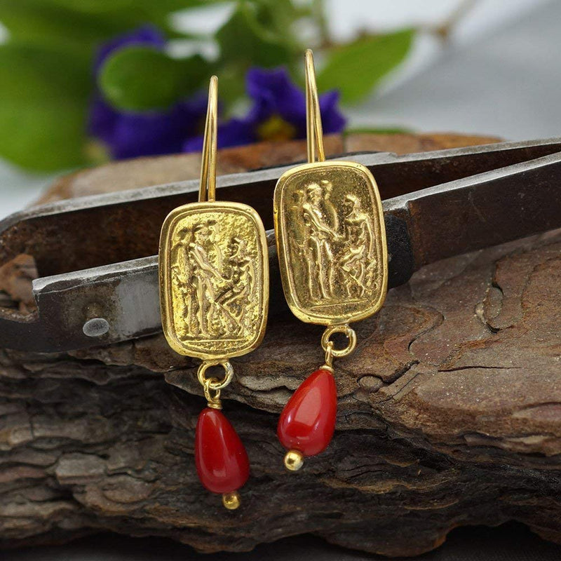 925 Silver Roman Art Coin Earrings Coral Charms Turkish Artisan Jewelry By Omer