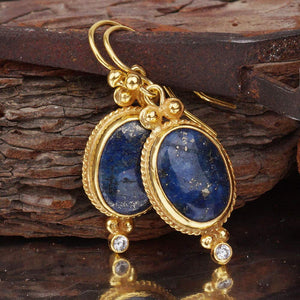 Turkish Lapis & White Topaz Earrings Handmade Designer Jewelry By Omer 925 Sterling Silver 24 k Yellow Gold Plated