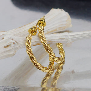 Omer 925 k Fine Silver Large Twisted Hoop Gold Earrings Turkish Artisan Jewelry
