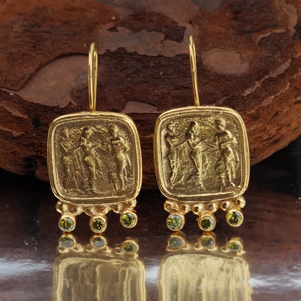 Turkish 925 k Sterling Silver Handmade Peridot Coin Earrings By Omer 24 k Gold Vermeil