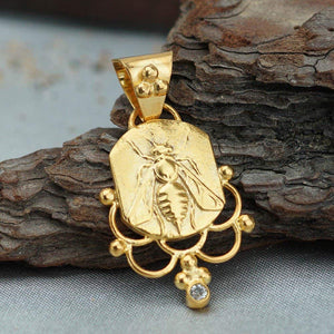 925 Sterling Silver Bee Coin W/White Topaz Pendant Turkish Handmade Jewelry