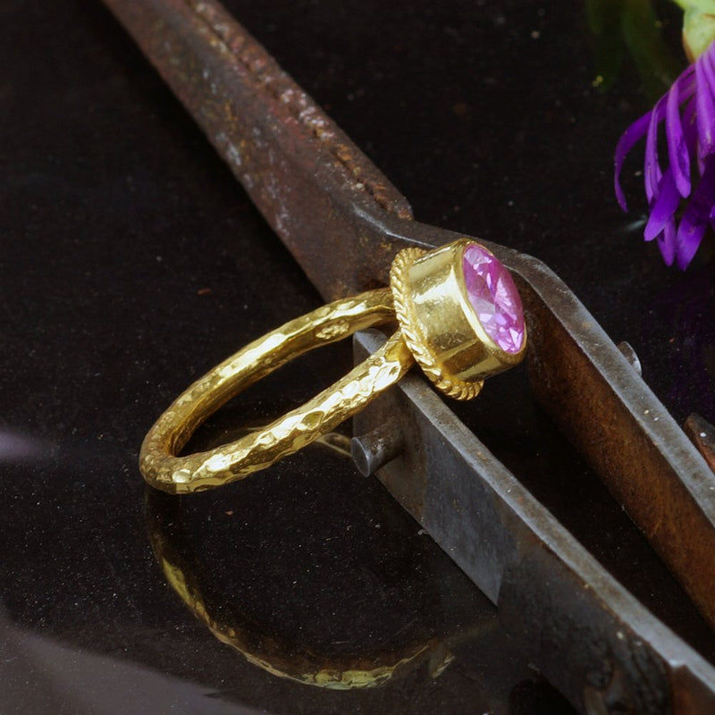 925 K Sterling Silver Pink Topaz Stacking Ring 24k Gold Vermeil Handcrafted Hamm