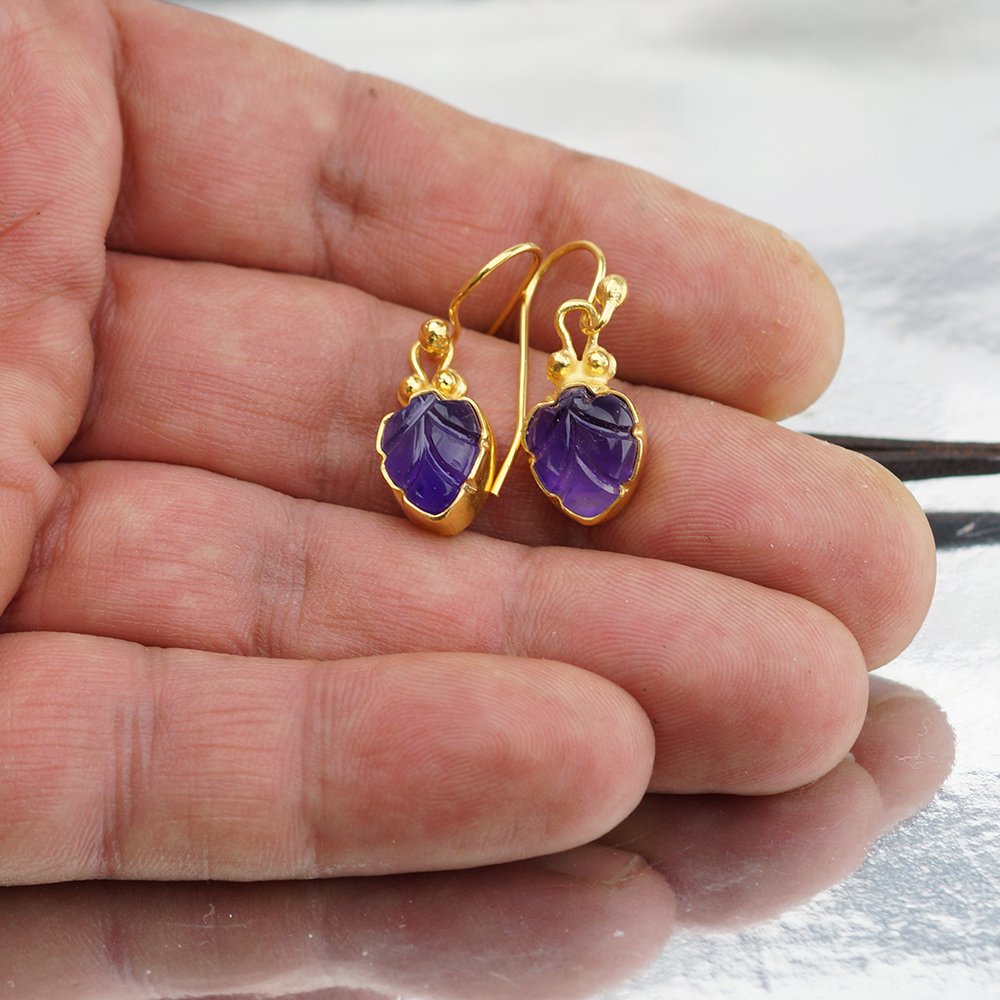 Sterling Silver 925k Carved Amethyst Hook Earrings 24k Gold Vermeil Handmade By Omer