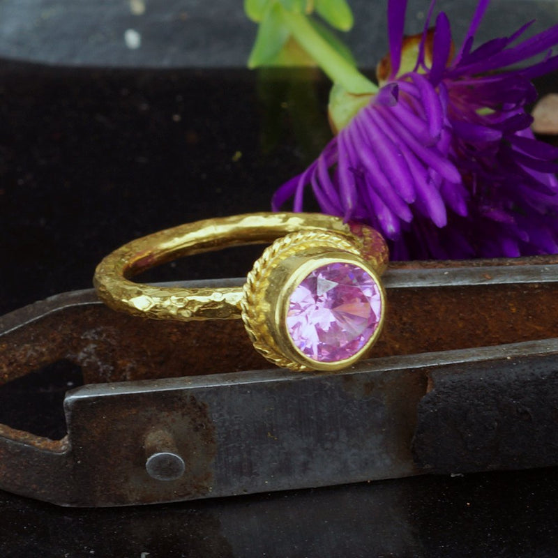 925 K Sterling Silver Pink Topaz Stacking Ring 24k Gold Vermeil Handcrafted Hamm