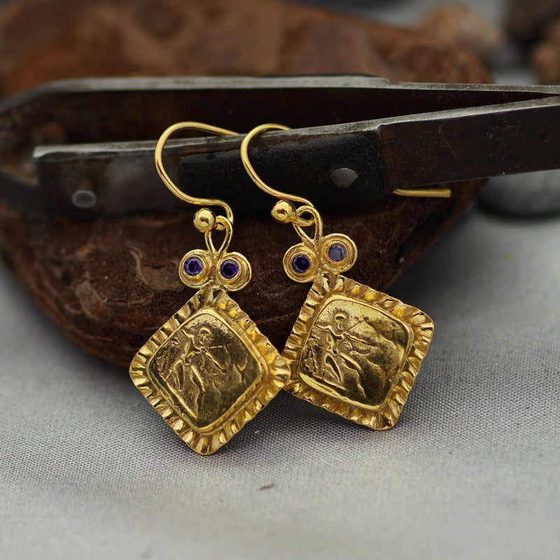 Turkish Bronze Coin Earrings Handmade Designer Jewelry By Omer 925 Sterling Silver 24 k Yellow Gold Plated