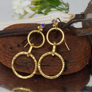 Omer 925 k Sterling Silver Hammered Circle Earrings W/Amethyst 24k Gold Vermeil