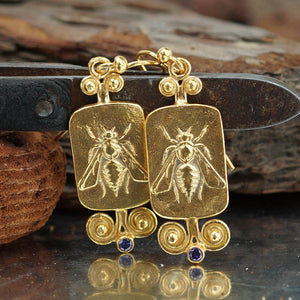 Turkish Bee Coin Earrings Handmade Designer Jewelry By Omer 925 Sterling Silver 24 k Yellow Gold Plated