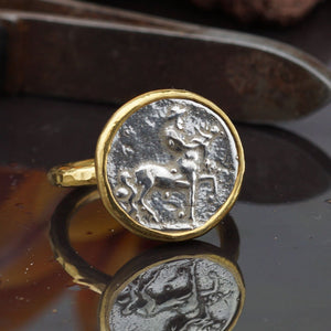 Sterling Silver 925 Roman Art Handcrafted 2 Tone Centaur Coin Ring By Omer