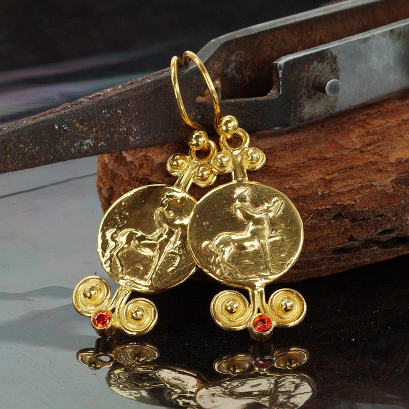 Sterling Silver Handcrafted Centaur Earrings w/Orange Topaz 24k Gold Vermeil