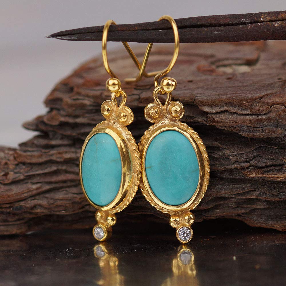 Roman Art 925 Sterling Silver Turquoise Earrings 24k Gold Plated Omer Handmade Turkish Fine Jewelry