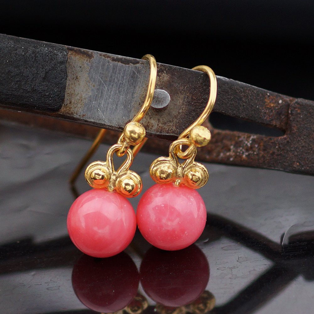 Turkish Coral Earrings Handmade Designer Jewelry By Omer 925 Sterling Silver 24 k Yellow Gold Plated