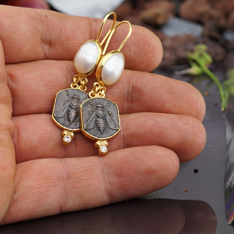 Bee Coin & Pearl Earrings 925 k Sterling Silver Roman Art Turkish Fine Jewelry