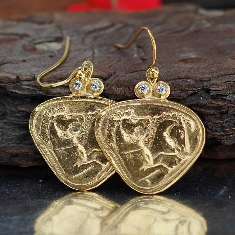 925 k Sterling Silver Horse Mustang Coin Earrings W/White Topaz 24k Gold Vermeil Handcrafted Turkish Fine Jewelry Women Earrings Roman Art Design