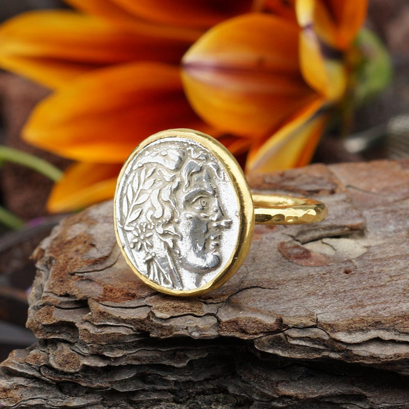  Turkish Alexander Coin Ring Handmade Designer Jewelry By Omer 925 Sterling Silver 24 k Yellow Gold Plated