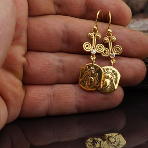 Bee Coin Ancient Art Hook Earrings W/ White Topaz 925 Sterling Silver Fine Jewelry By Omer