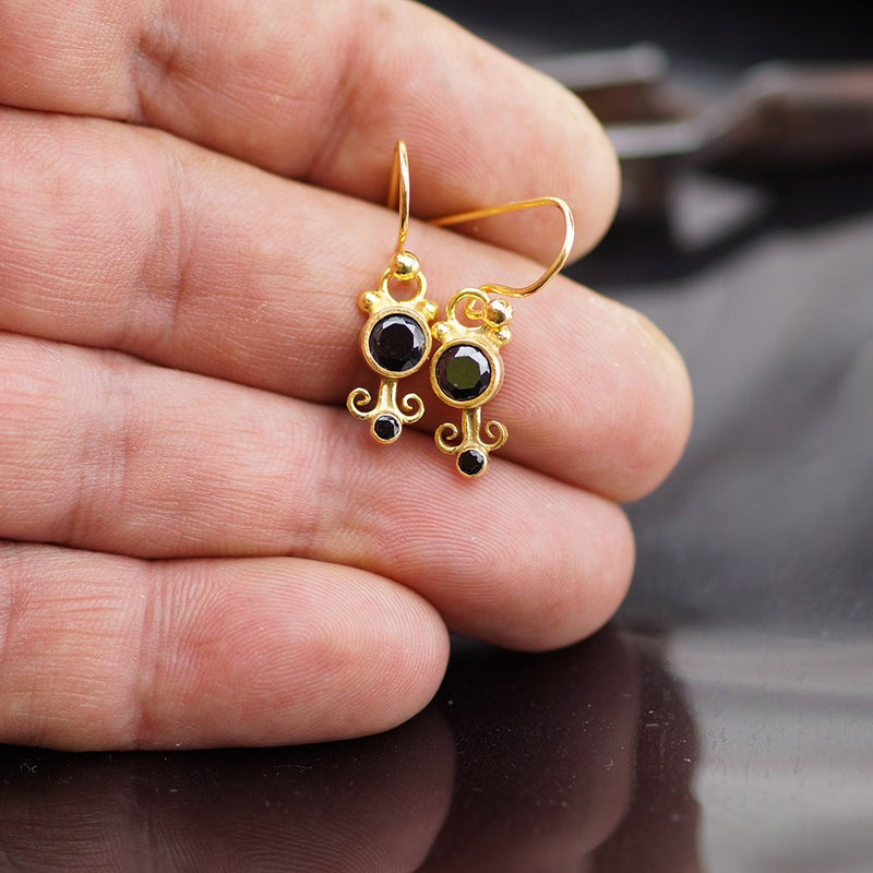 925k Sterlin Silver Handmade Designer Onyx Hook Earrings 24k Yellow Gold Vermeil