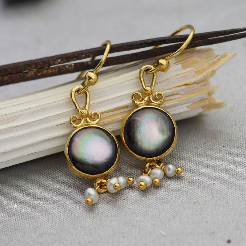 Omer Silver 925 Handmade Mother Of Pearl & White Pearls Charm Gold Earrings