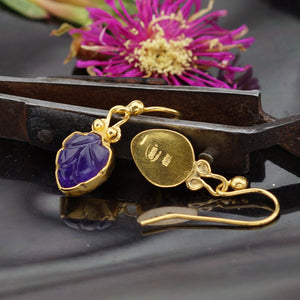 Sterling Silver 925 k Handmade Carved Amethyst Hook Earrings 24k Gold Vermeil