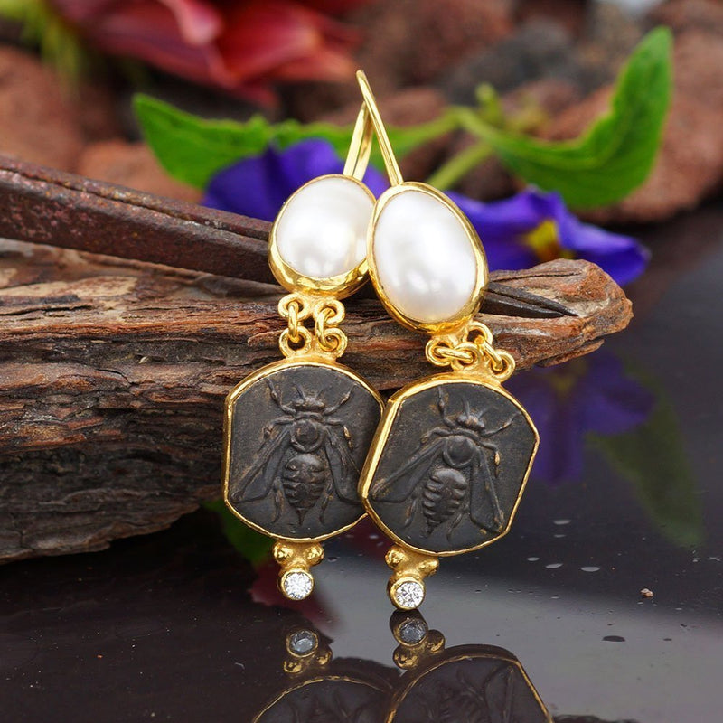Bee Coin & Pearl Earrings 925 k Sterling Silver Roman Art Turkish Fine Jewelry