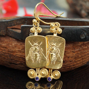 925 k Sterling Silver Bee Coin Amethyst  Earrings 24k Gold Vermeil Handmade Jewelry