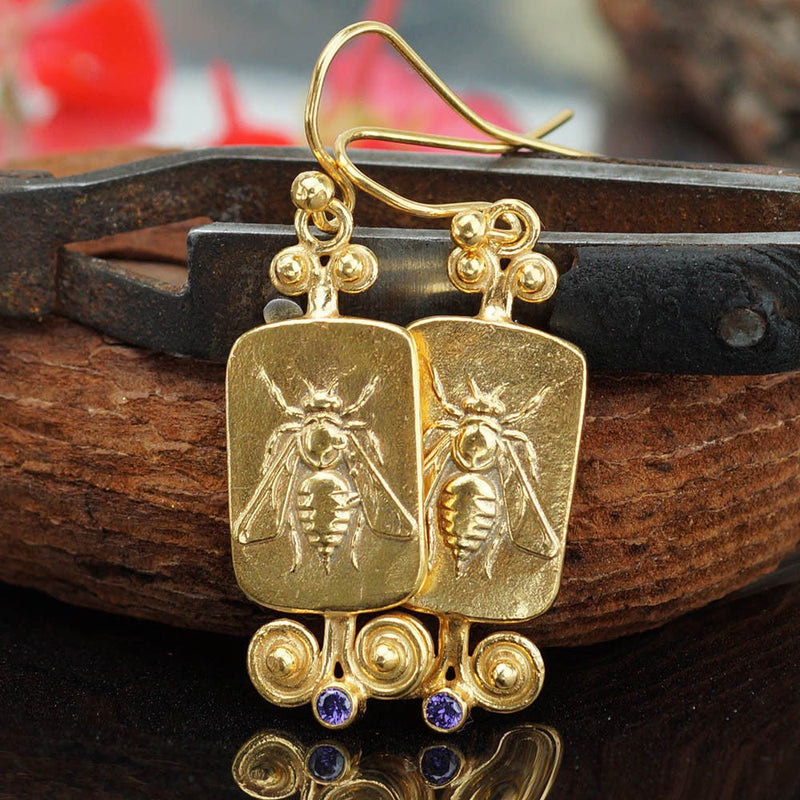 925 k Sterling Silver Bee Coin Amethyst  Earrings 24k Gold Vermeil Handmade Jewelry