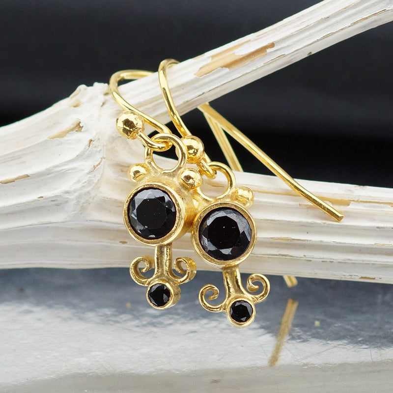 Omer 925 Silver Handmade Designer Onyx Hook Turkish Artisan Earrings Yellow Gold
