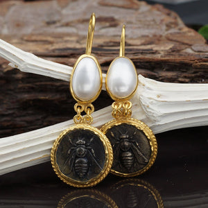 Bee Coin & Pearl Earrings 925 Sterling Silver Roman Art Turkish Jewelry By Omer