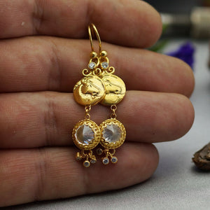 Horse Coin Earrings W/ White Topaz Charm Ancient Art Sterling Silver 24k Gold Vermeil Handmade Turkish Fine Jewelry