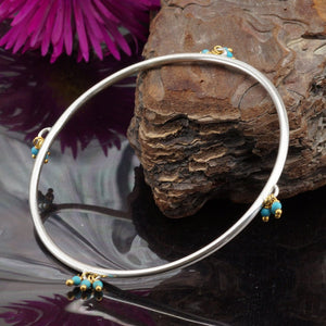 Sterling Silver 925k Handmade Bangle W/ Round Turquoise Charms Turkish Jewelry