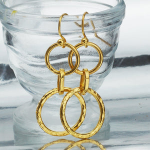 Sterling Silver Double Hoop Charm Hammered Handcrafted Earrings 24k Gold Plated