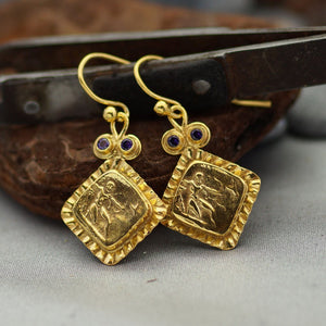 Roman Art Coin Amethyst Earrings Handmade Turkish Designer Jewelry By Omer