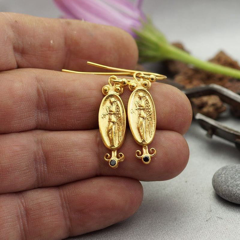 Roman Art Coin W/ Onyx Earrings 24 k Yellow Gold Plated Handmade Turkish Designer Jewelry Sterling Silver 925k