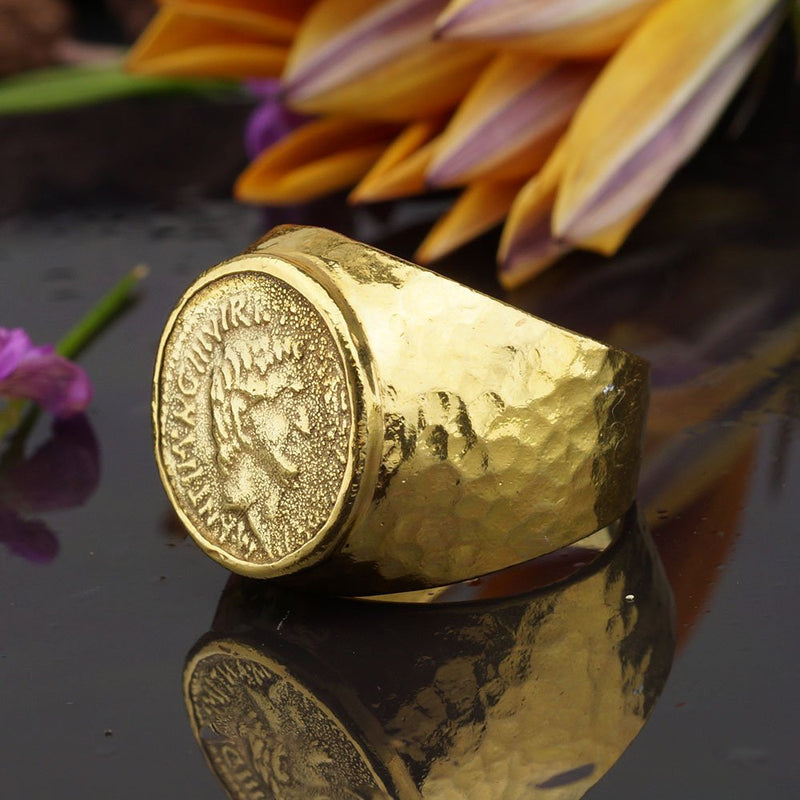 Turkish Coin Mens Ring Handmade Designer Jewelry By Omer 925 Sterling Silver 24 k Yellow Gold Plated